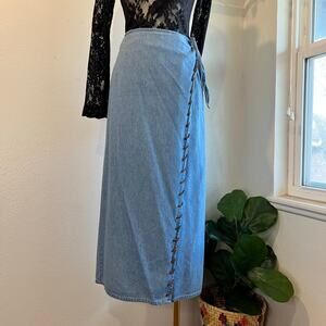 KZK 1993 Vintage Denim Cotton Leather Weaved Trim Wrap Maxi Skirt Size Large